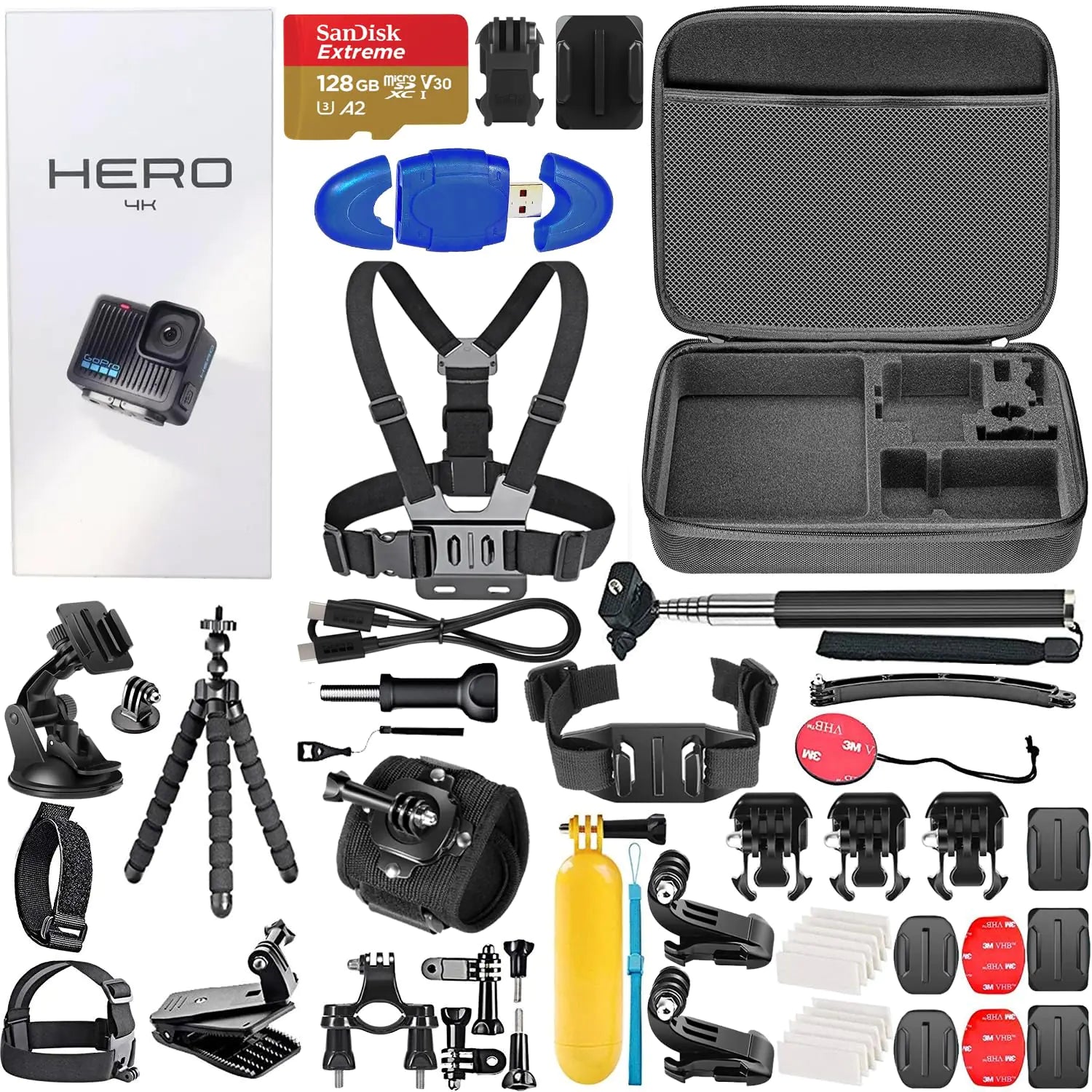 GoPro Hero Compact Waterproof Action Camera with 4K 12MP Photos Stabilization + 128GB Card Card Reader 50 Piece Accessory Kit - Bundle