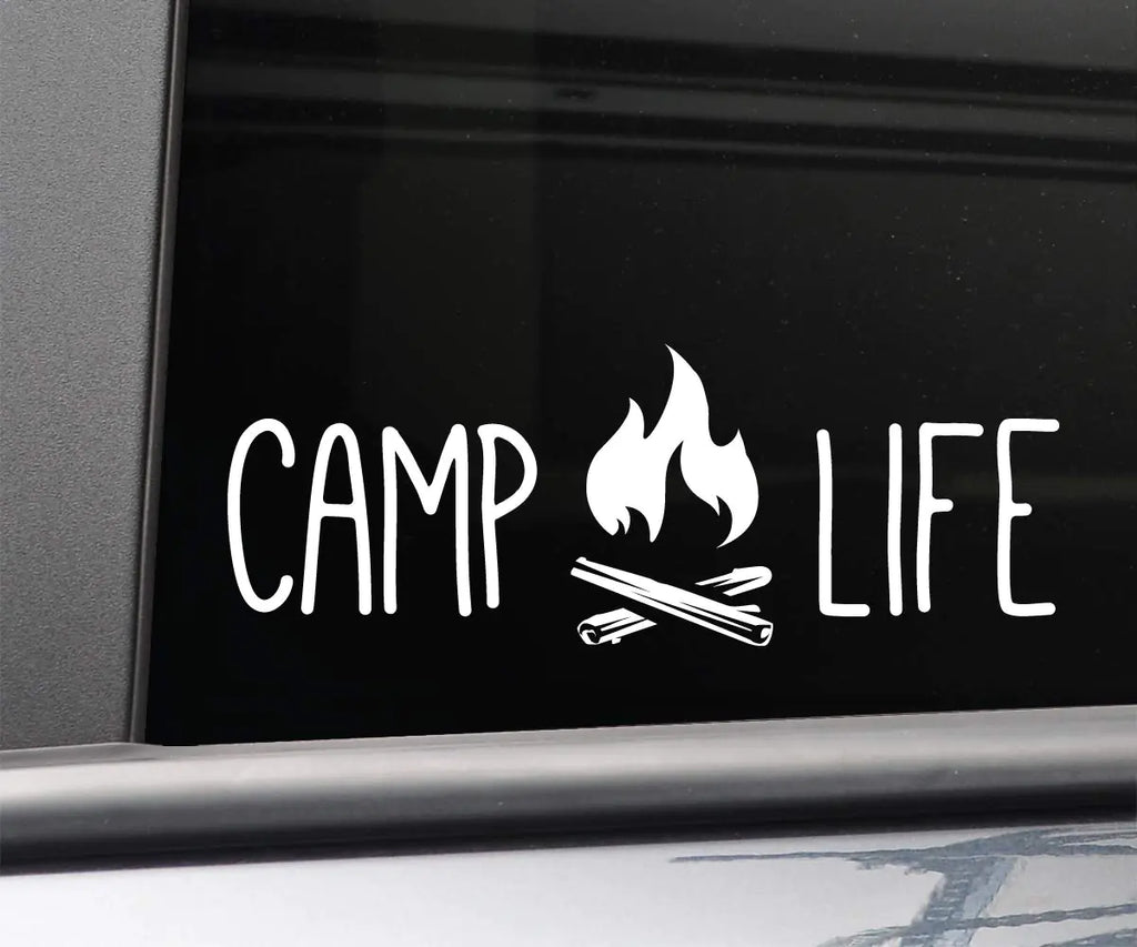 Camp Life Vinyl Decal Laptop Car Truck Bumper Window Sticker 8" x 3" White