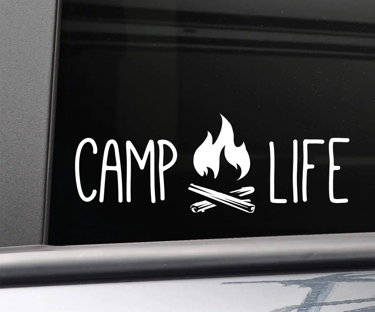 Camp Life Vinyl Decal Laptop Car Truck Bumper Window Sticker 8" x 3" White